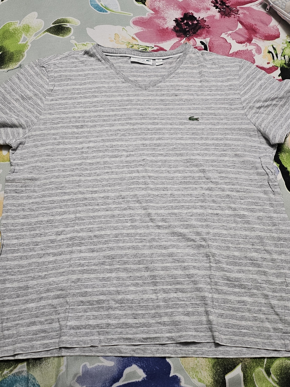 Lacoste Gray and White Striped V-Neck Tee